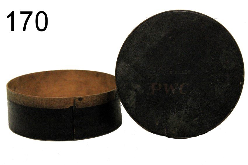 Pratt Dark Green Pantry Box: 19th century, round bentwood pantry box, dark green paint, lapped seams with iron tacks, incised H. Pratt and stenciled in red letters PWC on lid, 6 1/2" W x 2 1/2" H, condition - good, some scuffed p