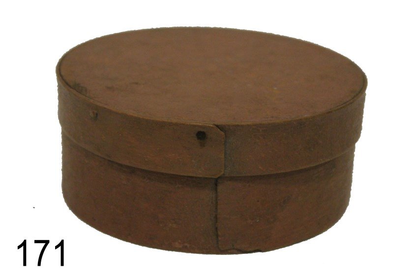 Salmon Painted Pantry Box: 19th century, round bentwood pantry box, salmon paint, lapped seams with iron tacks, 5 1/2w x 2 1/4 H, condition - good.
