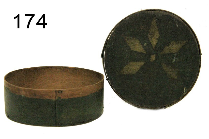 Dark Green Pantry Box: 19th century, round bentwood pantry box, dark green paint, lapped seams with iron tacks, stylized and stenciled flower motif in cream paint on lid, 6" W x 2 3/8" H, condition - good.