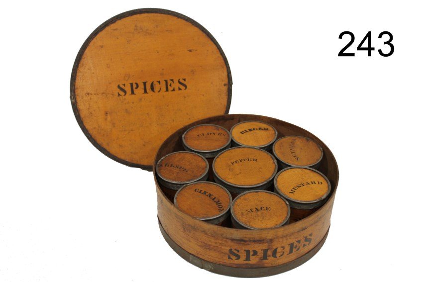 Dated 1858 Bentwood Spice Box - Stenciled: Dated 1858 wooden round spice canister/box containing 8 spice boxes, each with metal bands and strong, brightly stenciled labels, incised on bottom "? Package Co., New Jersey, Pat. Aug 31, 1856, condi