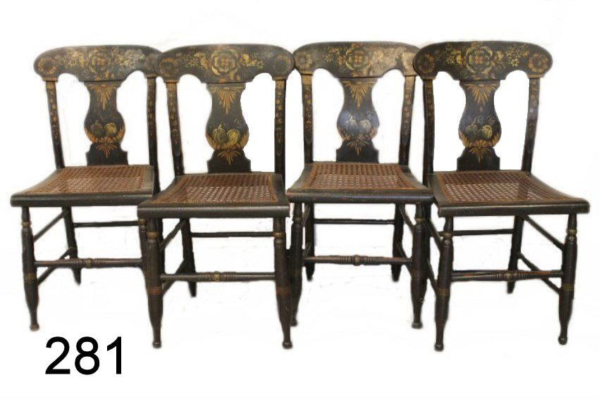 4 Heavily Stenciled Matching Chairs - Mid 19th C.: Mid-19th century set of 4 heavily and artistically stenciled and painted side chairs, caned seats, 34 1/2" H, condition - good.