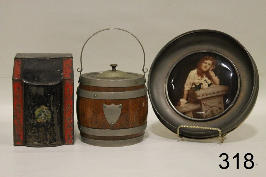 Group - Tea Tin, Girl Plaque, Humidor: Tea tin with slant front and hinged lid and original paint., 5 1/2" H, condition - paint loss; girl on plaque in metal frame written on back August 1900, 9 " W, condition - good; porcelain lined humid
