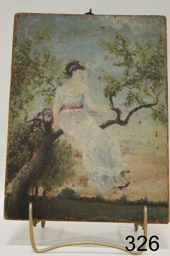 Oil on Panel Painting Victorian Lady: Lady sitting on tree branch, oil on panel / board, unsigned and unframed, 10 1/4 x 7 1/2", condition - slight paint wear on edging, soiling.