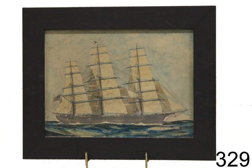 Sovereign of the Seas Watercolor 1852 Worden Wood: Sovereign of the Seas watercolor of ship, signed Worden Wood and dated 1852, repainted old wooden frame, 16 3/4 x 13 1/4", condition - good, repainted old frame.