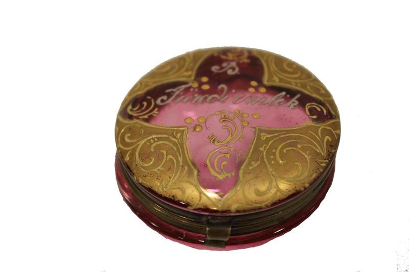 Cranberry Patch Box - Victorian Enameled & Gilded: Moser type, enameled lettering (language ?) on lid, 1 1/4" H.