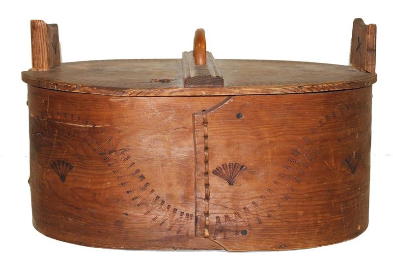 19th Century Bride's or Tine Box: Early bentwood Pennsylvania Dutch pine bride's / tine box with lid and unusual locking mechanism for lid, incised geometric patterns, 18" L x 12" W.
