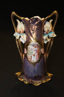 Prussia Royal Vienna Double Portraits Iris Vase: Rare Royal Vienna RS Germany, red crown mark, portrait vase. Double handles and double portraits, Tiffany finish, Iris mold, one side with lady feeding chickens, other side with lady watering garden,