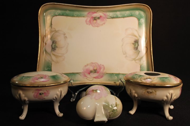 Saxe ES Germany Matched Dresser Set: Matched dresser set - Prov. Saxe ES Germany, tray 11 1/4" L with old faded writing on underside "My gift from Mother Weber 3 pieces birthday Feb. 13, 1928"; hair receiver and lidded box, 5" W; small c