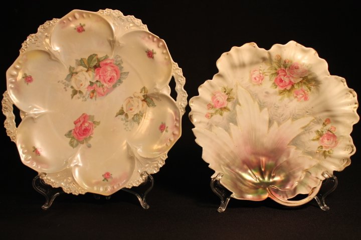 2 RS Prussia RM Cake Plates - Satin: RS Prussia, red mark - cake plate in daisy and clover mold, 11" W; leaf form plate 9 1/2" W.