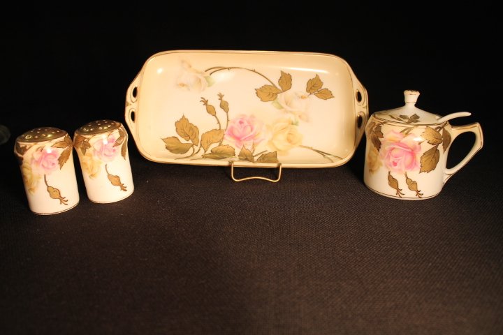 RS Germany Table Set: Marked RS Germany matching set - tray 9" L, shakers, mustard pot.