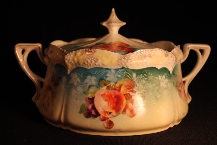 RS Prussia Handled Cracker Jar: RS Prussia Handled Cracker Jar, Red Mark, Fruit dÃ©cor, 5 1/2" H X 9 1/2" W.