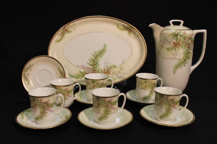 Prussia Chocolate Set w/Tray and 6 Cups & Saucers: Prussia Chocolate Set w/Tray and 6 Cups & Saucers, Red Winged Horse Mark - Floral & Fern dÃ©cor, Chocolate Pot 9" H X 6 3/4" W. Tray 11 1/2" L X 8 1/2" W. Cups 2 3/4" H and Saucers 4 3/4" W.