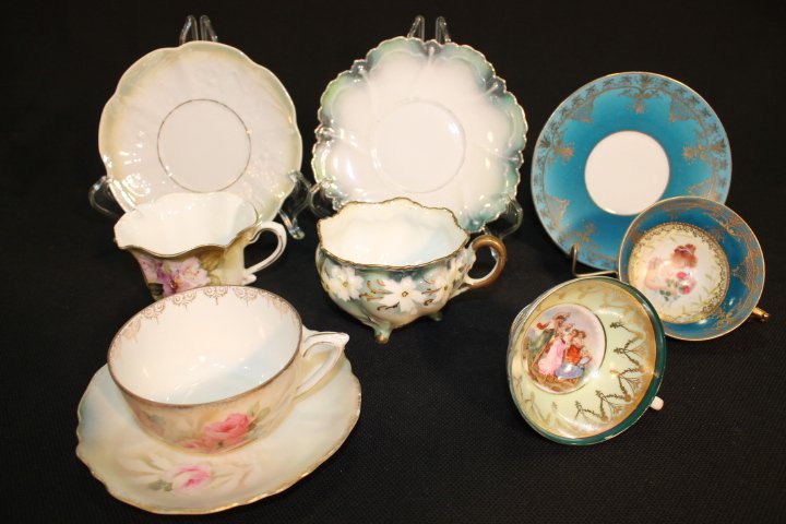 5 UM Prussia Cups & Saucers Inc. Portrait: 2 with RS Prussia red mark, white floral chain on green and satin with pink florals; Prov Saxe allegorical scene, cup only; ES portrait of lady holding red roses, turquoise and gold dÃ©cor; RS Germa