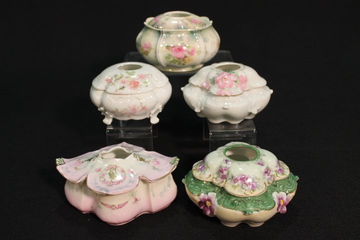 5 Prussia Hair Receivers: RS Prussia, red mark - pink ground with small florals and round with pink florals; unmarked Prussia, white with pink florals and green border with raised florals and all white with pink floral in corn