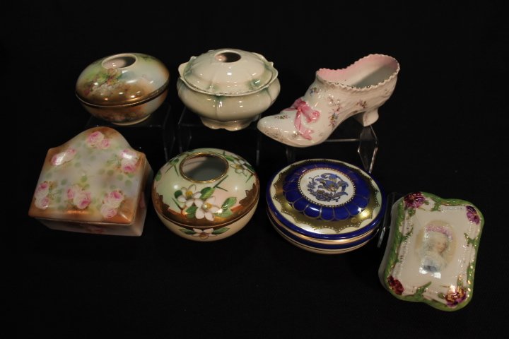 Group of 6 Dresser Boxes & More: Group of 6 dresser boxes and slipper, 7" L.