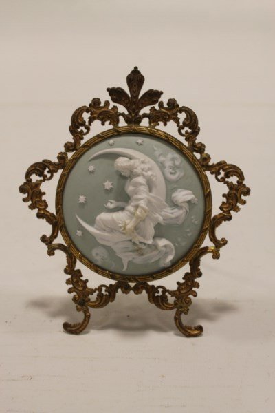 19th C Porcelain Angel & Moon Plaque Gilded Easel (1 of 2)