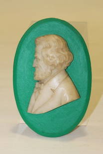 Carved Marble Bust of Gentleman - Signed Frilli: 19th century plaque of gentleman labeled on reverse "Antonio Frilli Marmi Via Dei Fossi Firenze". Bearded gentleman's bust on original green canvas over oval cardboard, 6 1/2" H. Note: Frilli (died