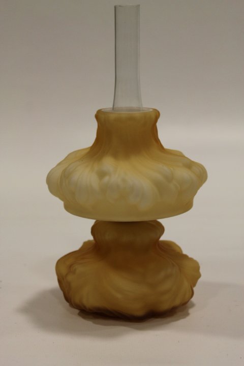 Victorian Art Glass Miniature Plume Mold Lamp: Miniature Victorian art glass lamp - butterscotch color with plume mold lamp. Condition - good, lacking spider.