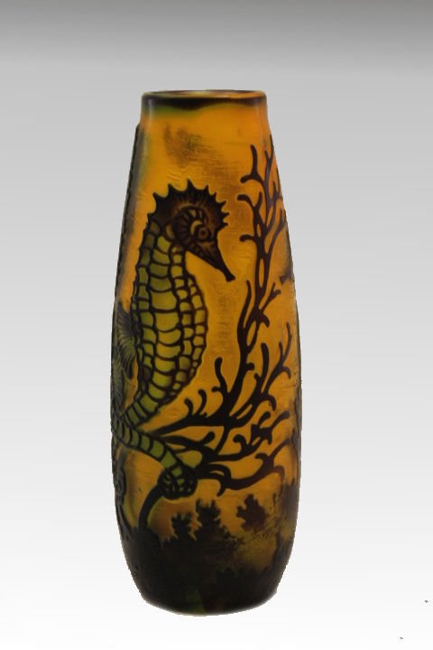 1900s Art Nouveau Galle Cameo Glass Vase - Seahorses (1 of 3)