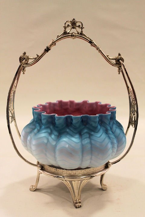 19th C Victorian Bride's Basket - Blue Herringbone (1 of 4)