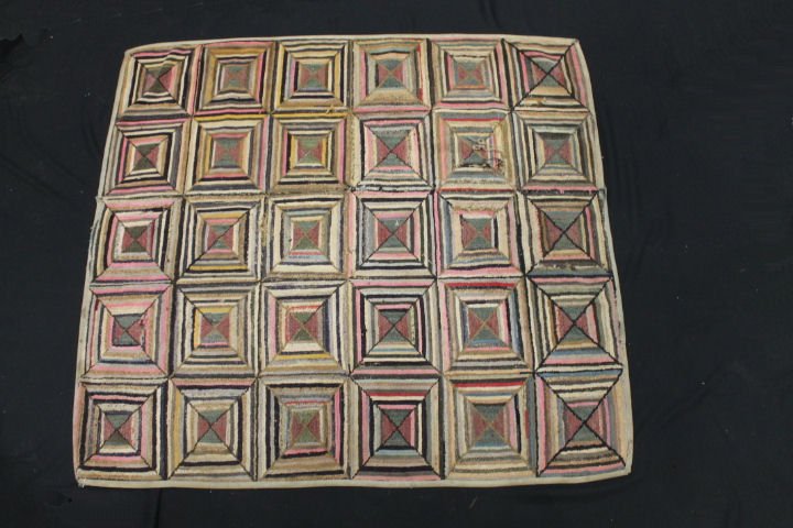 Early 19th C Pennsylvania Hooked Rug - Log Cabin (1 of 3)