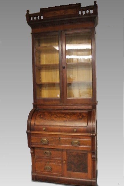 Walnut Bookcase Cylinder Desk (1 of 2)