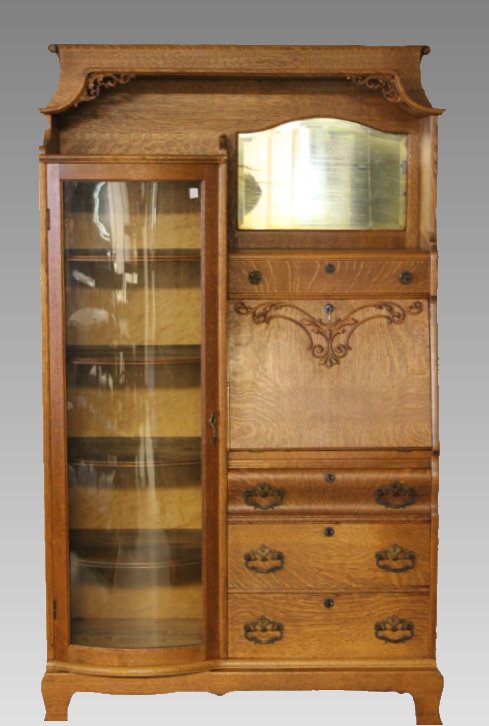 Oak Curved Glass Bookcase Secretary w/ Drop Front Desk (1 of 2)