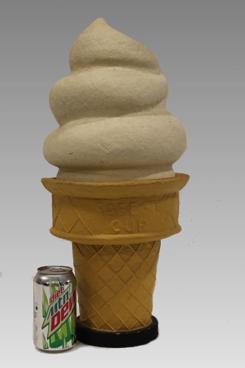 Advertising Soda Fountain Display - Ice Cream Cone: Papier mache ice cream cone display, (1 of 3 soda fountain advertising items in this sale) 2-sections, Safe-T Cup, 21 1/2" H. Condition - small bruise, see photo close-up.