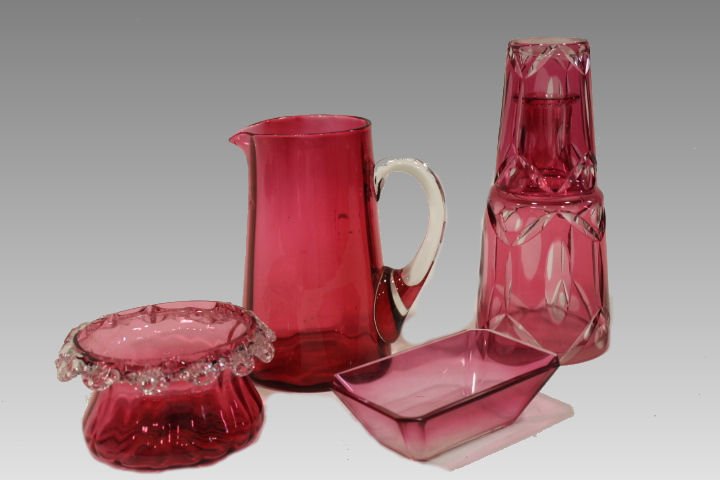 Lot of 4 Cranberry Glass - Pitcher, Tumble-Up & More (1 of 2)