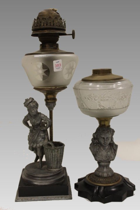 Lot of 2 Victorian Etched Glass Figural Oil Lamps (1 of 4)