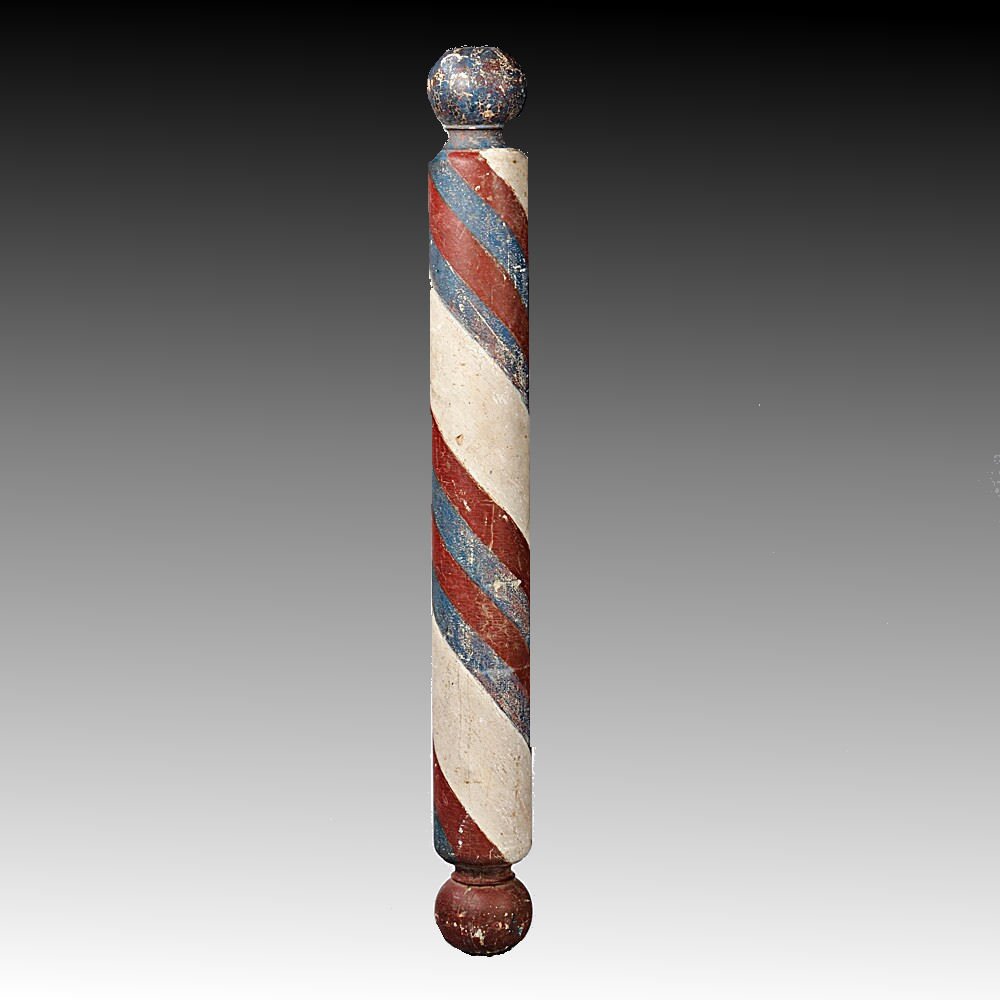19th C Wooden Barber Pole - Painted Red, White, Blue (1 of 5)