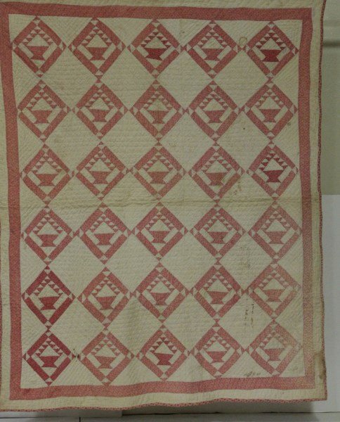 Basket Pieced Quilt - Signed & Dated 1880 Pink & White (1 of 6)