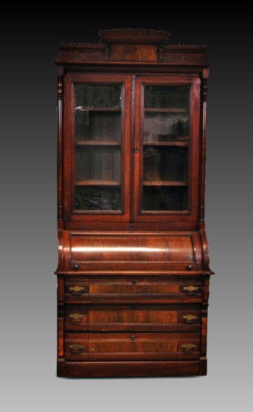 Walnut Victorian Cylinder Desk Bookcase (1 of 1)