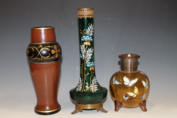 Victorian Art Glass Vases - Lot of 3: Lot of 3 Victorian art glass vases - amber decorated with enameled and hand-painted butterflies, 6"H; green glass vase with enamel and hand-painted florals, ormolu bracketed feet and rim, 10 1/2" H; b