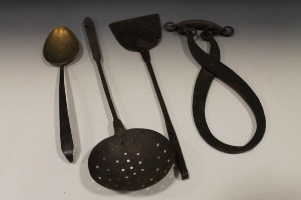 19th C Iron Hearth Utensils - Includes Signed Ice Tongs (1 of 1)