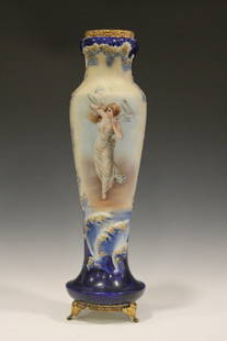 Rare Early Wave Crest / Wavecrest Portrait Vase w/: Very rare, early Wave Crest / Wavecrest portrait vase, unsigned, full-bodied portrait of semi-nude Victorian woman, hand-painted, cobalt ground with gold gilded embossed areas, gilded ormolu foot and