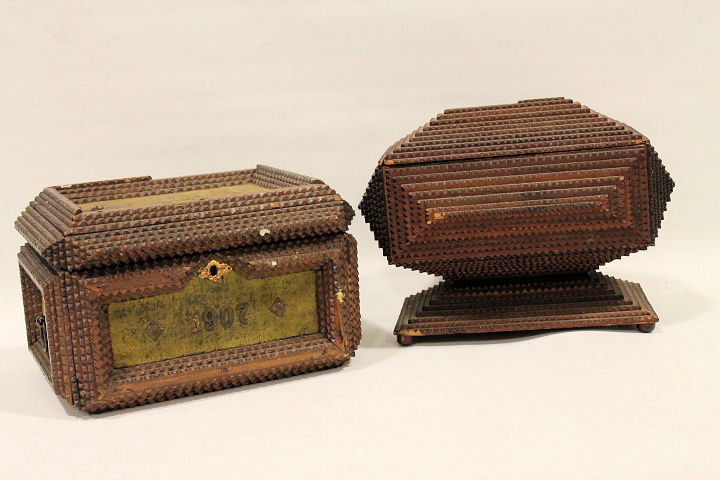 Pair Tramp Art Lidded Boxes 1907 (1 of 1)