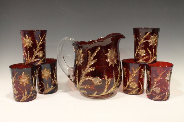 Pattern Glass Ruby & Gold Pitcher & Tumblers (1 of 2)