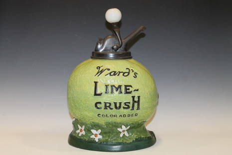 Early 1900 Ward's Syrup Dispenser Lime Crush: Early 1900s Ward's Lime Crush soda fountain countertop syrup dispenser, lime-shape with logo on front and back, ball-style handle on pump, "Design Patent Pending" on lip, and raised lettering "Color A