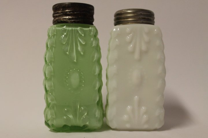 Victorian Cactus Northwood Salt Shakers: Northwood Cactus salt shakers, opaque green and white, 1895, page 168 Lechner II.