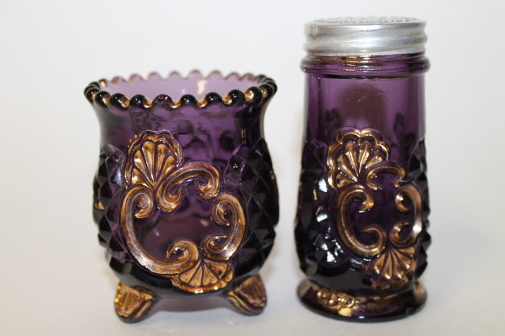 Purple Amethyst Croesus Toothpick & Salt Shaker: McKee Bros Croesus Royal Purple / purple amethyst salt shaker and toothpick holder, 1897, page 114 Lechner II.