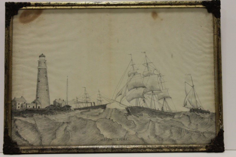 Boston Light Harbor - Lighthouse & 3-Mast Ships (1 of 1)