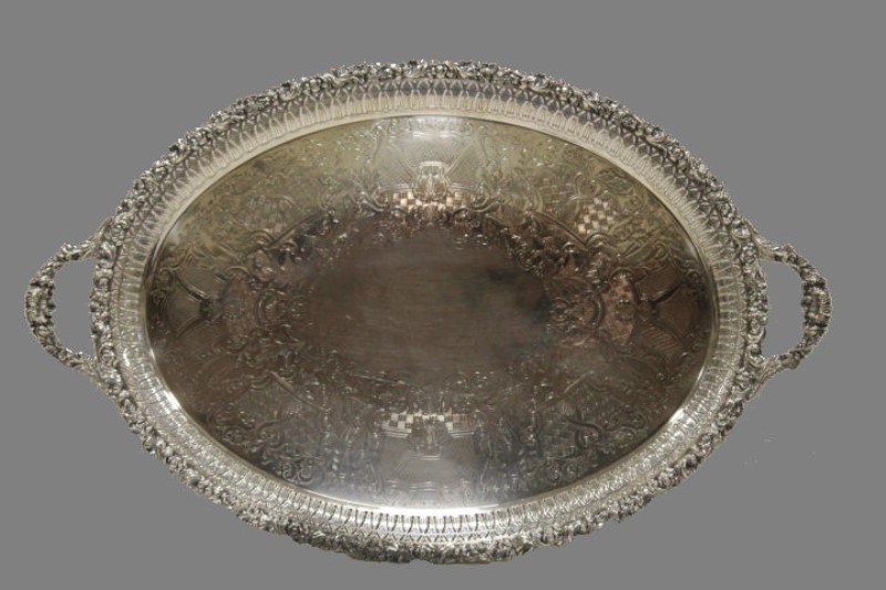 Silver on Copper Large Ornate Serving Tray (1 of 2)