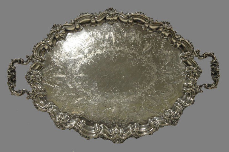 Silver on Copper Large Ornate Serving Tray (1 of 3)