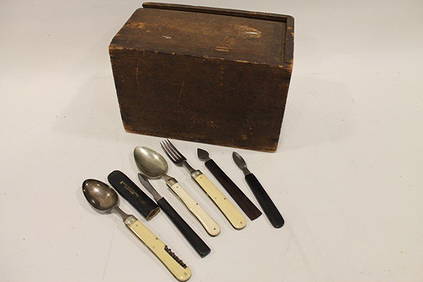 Pine Slide Lid Candle Box & Folding Spoons -19th C (1 of 1)