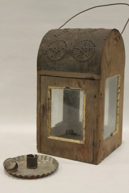 Rare Wooden & Punched Tin Candle Lantern