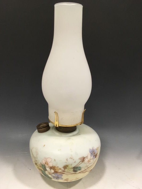 E M & Co. Wave Crest Victorian Oil Lamp: Victorian oil lamp font, marked E M & Co. No. 133 (Wave Crest E. Monroe), hand-painted florals. Good condition, replace burner, lacking fill cap.