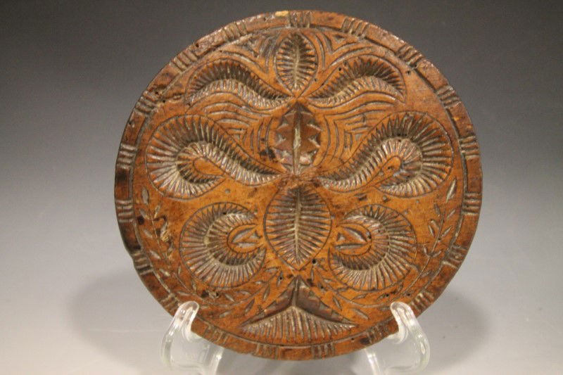 18th C Rare Carved Walnut Butter Stamp (1 of 2)