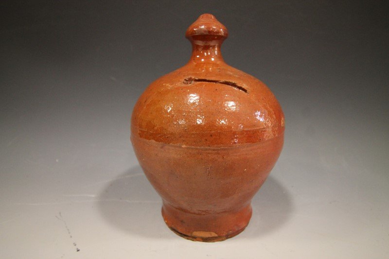 Glazed Redware Bank - 19th C. Ovoid Form (1 of 1)