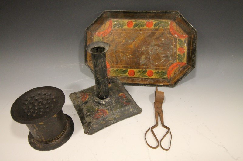 Tin Tole Painted Candlestick, Tray, Sander (1 of 1)